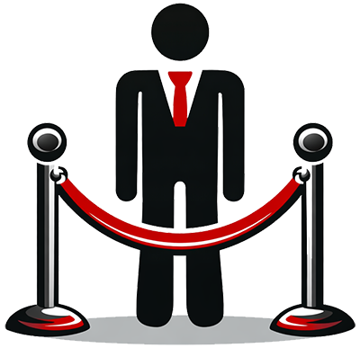 Event security guard standing behind red velvet rope barrier with stanchions in black and red icon style