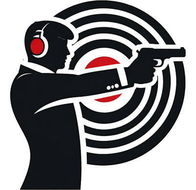 Firearm training icon showing a shooter aiming at a target with red bullseye