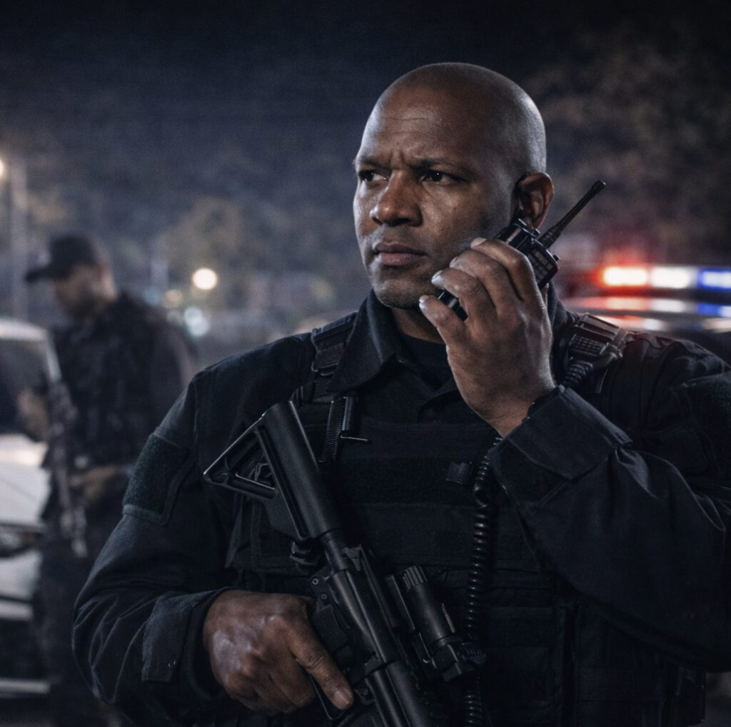 Armed security officer using radio with Spartan International rapid response vehicle at night in South Africa