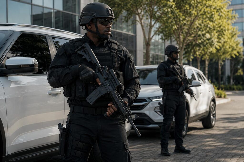 Armed tactical security officers standing beside patrol vehicles during a high-risk security operation in an urban commercial area.