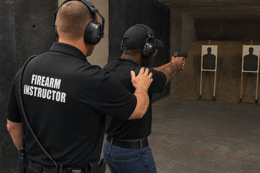 Firearm instructor guiding a trainee through tactical handgun training at an indoor shooting range.