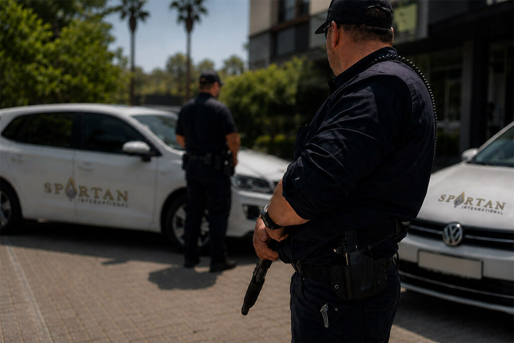 Spartan International security guards conducting mobile patrol beside branded response vehicles at a commercial property