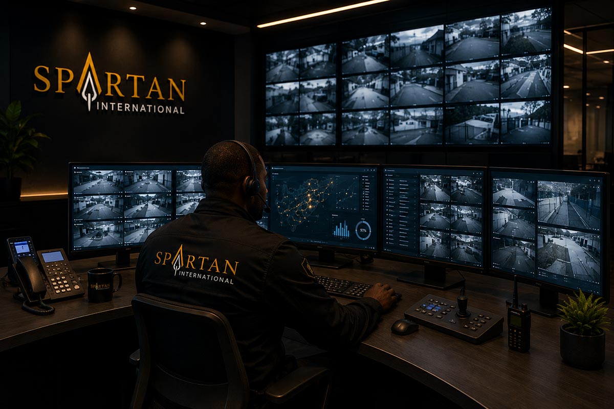 AI-powered security control room at Spartan International providing 24/7 CCTV monitoring and real-time surveillance in South Africa