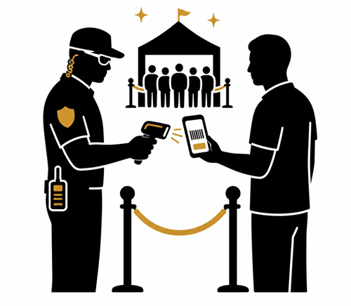 Event access control icon with security guard scanning visitor ticket.