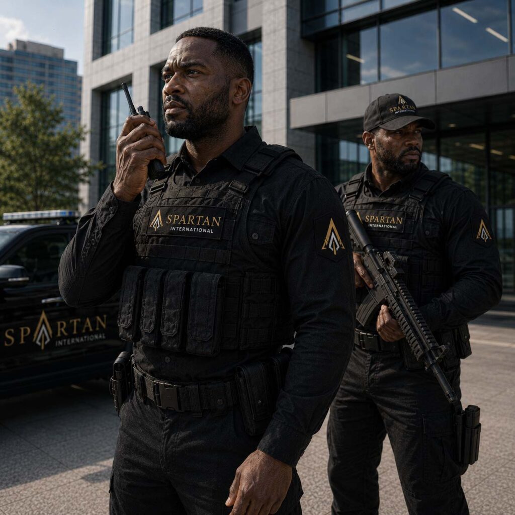 Two Spartan International armed security guards protect a commercial office building, with one communicating by radio and the other standing watch with a firearm.