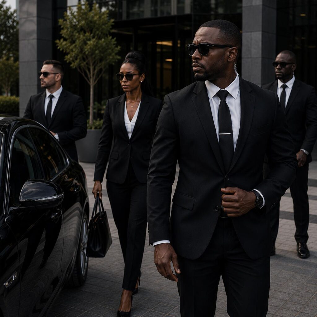 Executive VIP protection team escorting a client outside a modern corporate building in South Africa.