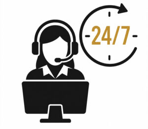 24/7 emergency monitoring icon showing a security control room operator providing continuous emergency support.