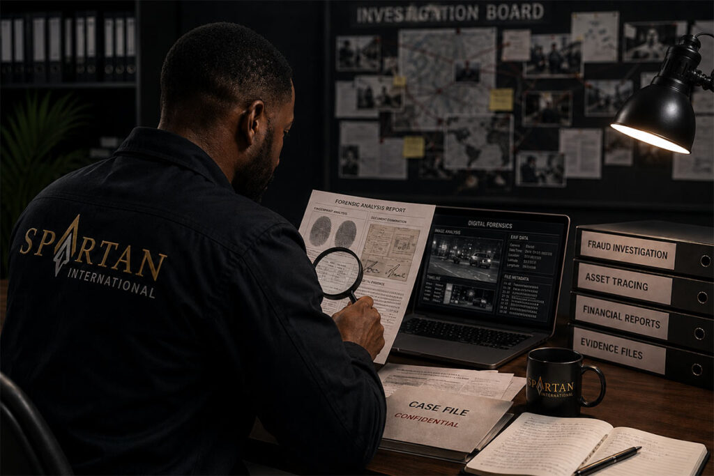 Spartan International forensic investigator analysing evidence and digital forensic data.