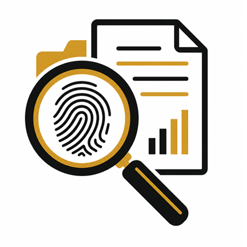 Forensic investigations icon representing fraud detection, evidence analysis and asset tracing.