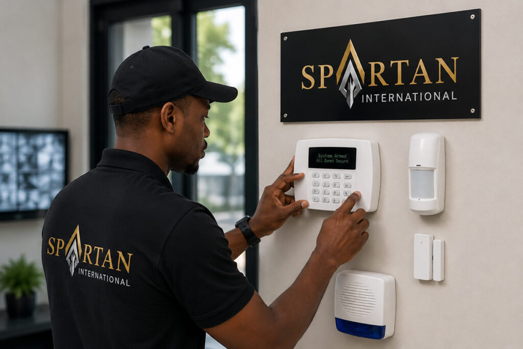 Spartan International security technician installing and configuring a wireless alarm system.